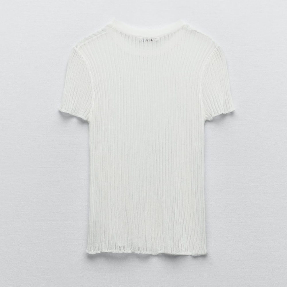 Zara Sheer White Ribbed Tee View 3